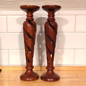 Pair Of Vintage Carved Wooden Open Twist Tapir Candle Holders 10.75" Tall